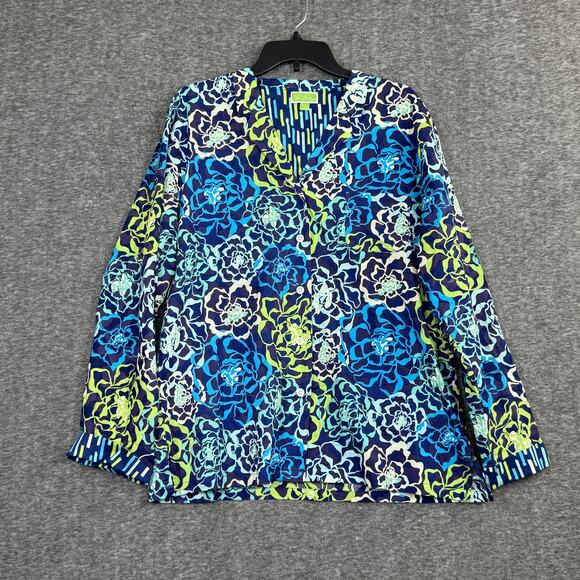 Vera Bradley Button Down Top Size Large Blue Floral Long Sleeve Lightweight - Picture 1 of 5